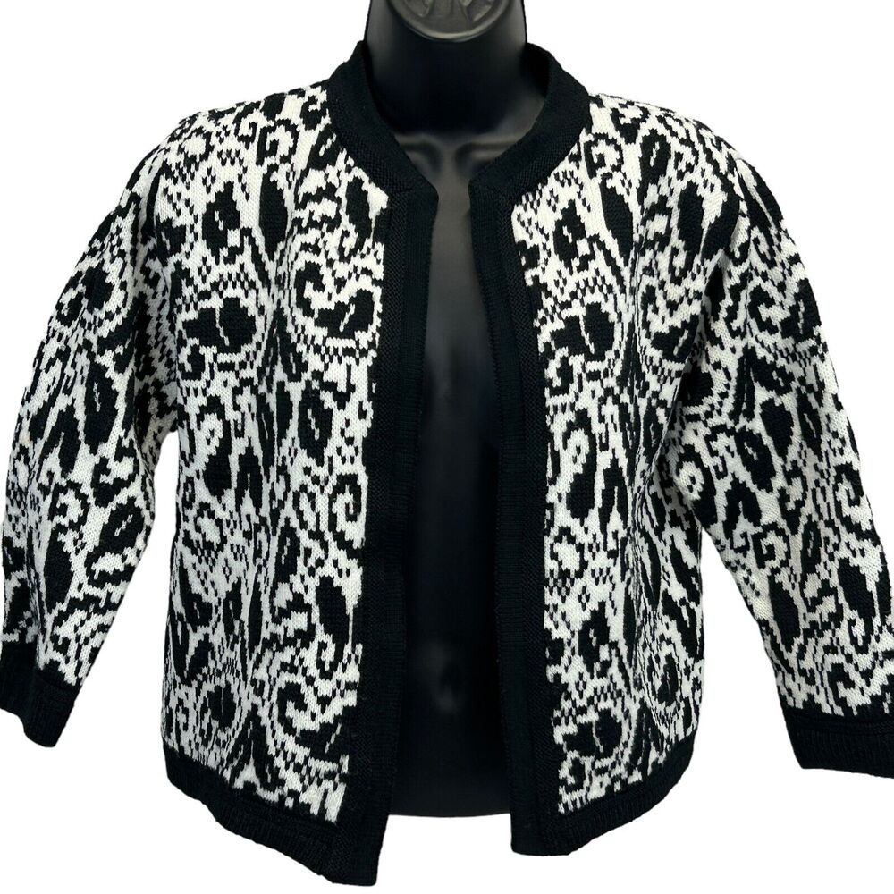 Vintage 60s Open Front Cardigan Sweater Black White Floral Lampl Womens M Medium